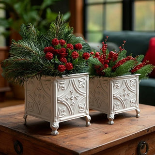 Floral Embossed White Planters, Set of Two