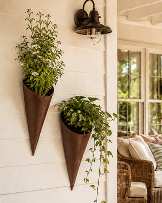 Rustic Metal Wall Planters Set of 2 - Cone Shape Hanging Garden Decor