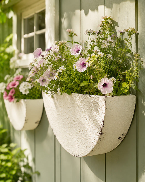 white wall mounted plant pots Distressed White Half-Moon Wall Planter, Set of 2