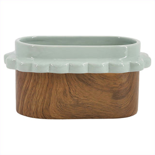Sage green and wood tone oval planter kitchen herb garden display