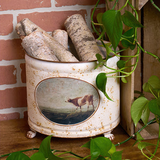 Footed metal planter with vintage cow painting styled with birch logs