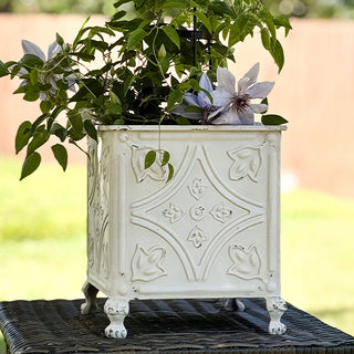 Floral Embossed White Planters, Set of Two
