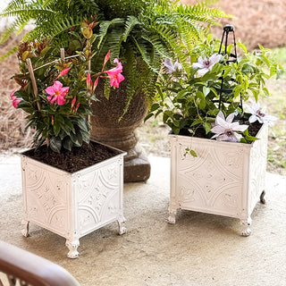 Floral Embossed White Planters, Set of Two
