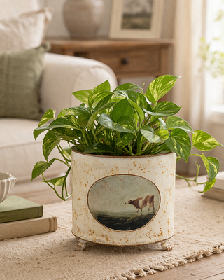 Vintage Cow Distressed Metal Planter with Footed Base