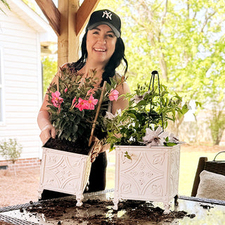 Floral Embossed White Planters, Set of Two