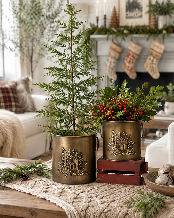 Embossed Metal Planters, Set of 2 Waterproof Nesting Indoor Outdoor Pots