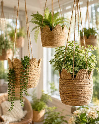 Woven seagrass hanging planter set six