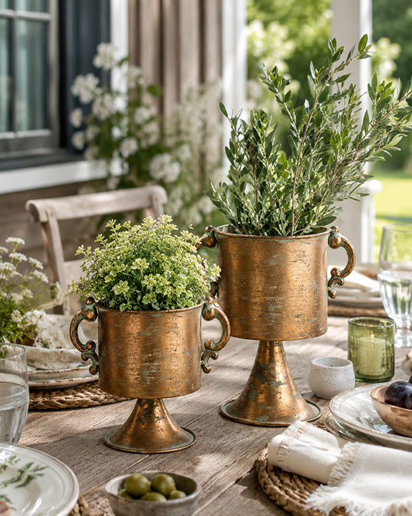 Antique Copper Finish Planter Urns, Set of 2