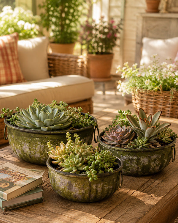 Distressed Green Metal Mossy Planters, Set of 3 Cottage Garden Decor