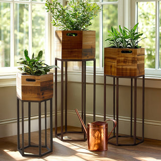 wooden planter boxes on tall metal stands