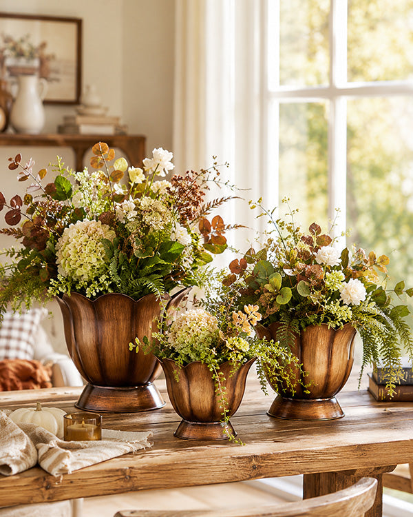 Bronze Scalloped Petal Planters - Set of 3 with Pedestal Base