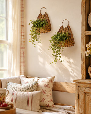 Tan Wicker Hanging Wall Planter, Set of 2