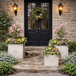 White square planters framing elegant front entryway