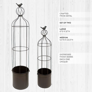 Metal trellis planter set dimensions showing large 32 inch and medium 23.5 inch heights