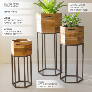 Wooden and metal planter set of three