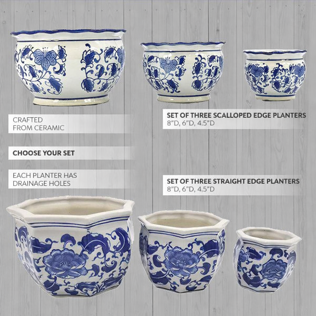 blue and white planter pot Floral Blue and White Planter, Set of 3, Choose Your Style Straight Edge  Planter, Set of Three