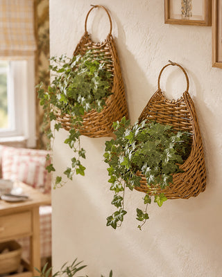 Tan Wicker Hanging Wall Planter, Set of 2