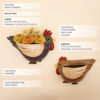 Distressed ceramic rooster wall planter set