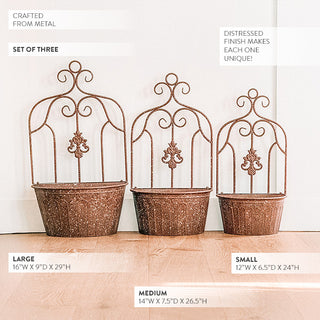 Scrollwork Trellis Distressed Copper Wall Planter, Set of 3