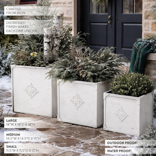 Distressed white iron outdoor square planters, multiple sizes