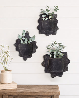 Wavy Distressed Black Clay Wall Planter, Set of Three