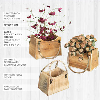 Set of three rustic wooden tote planters