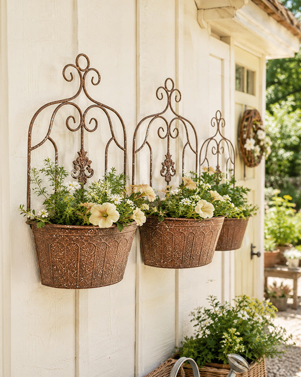 hanger planter wall Scrollwork Trellis Distressed Copper Wall Planter, Set of 3