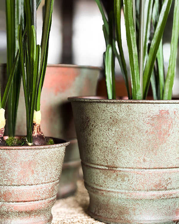 Verdigris Patina Metal Planters, Set of Three