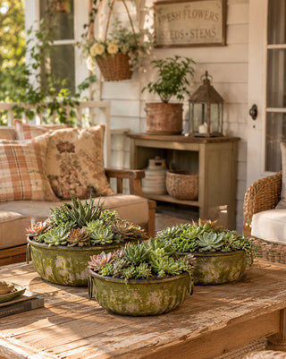 Distressed Green Metal Mossy Planters, Set of 3 Cottage Garden Decor