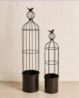 Distressed Metal Bird Cage Trellis Planters with Bird Finial, Set of 2