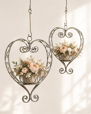Ornamental Hanging Metal Heart Shaped Planters, Set of Two