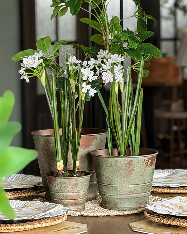 Verdigris Patina Metal Planters, Set of Three