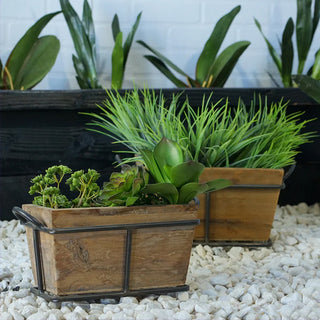 Wood and metal planter boxes with succulents and greenery on white pebbles outdoor garden display