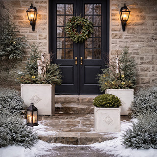 Winter porch decor with white square outdoor planters