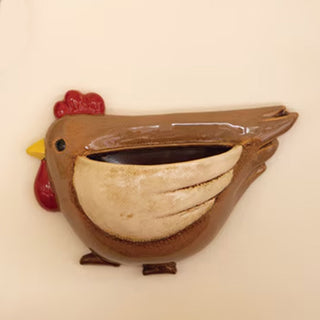 Brown ceramic chicken wall planter pocket