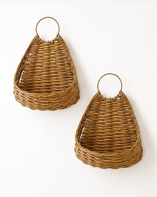 Tan Wicker Hanging Wall Planter, Set of 2
