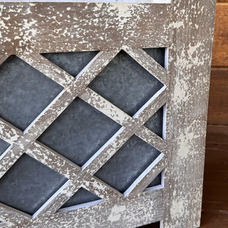 Distressed lattice wood planter close-up detail