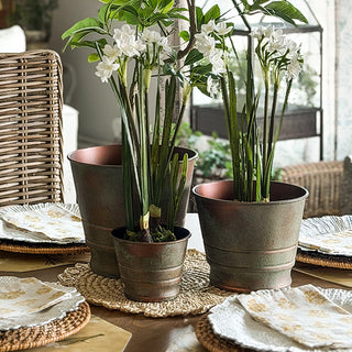 Verdigris Patina Metal Planters, Set of Three