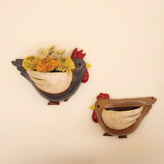 Farmhouse ceramic chicken wall planter set

