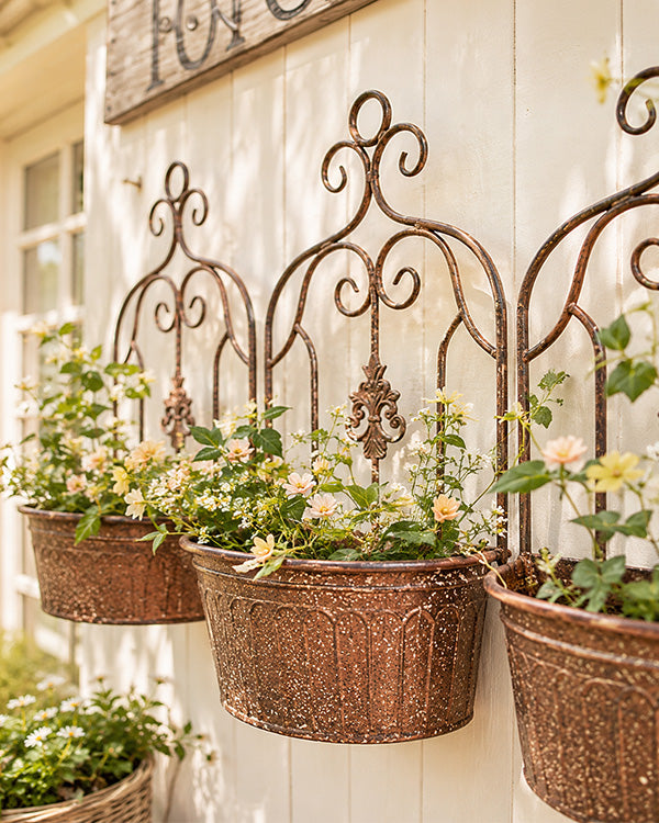 wall mounted plant trellis Scrollwork Trellis Distressed Copper Wall Planter, Set of 3