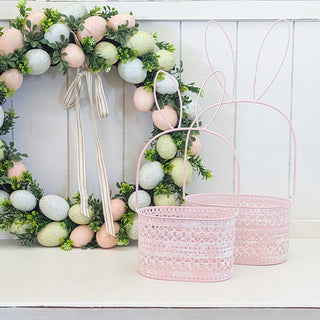 Pink bunny baskets with Easter wreath spring decor
