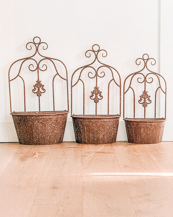 copper planter pots Scrollwork Trellis Distressed Copper Wall Planter, Set of 3
