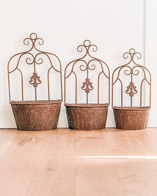 Scrollwork Trellis Distressed Copper Wall Planter, Set of 3