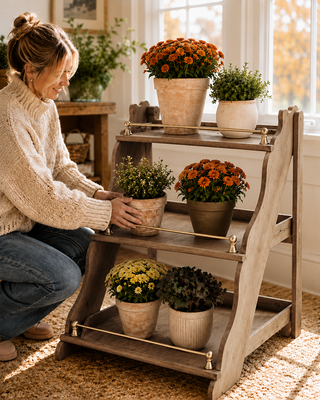 Indoor/Outdoor Solid Wood & Metal Folding Plant Riser with Guard Rails