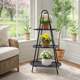 Black metal three-tier plant stand indoor display
