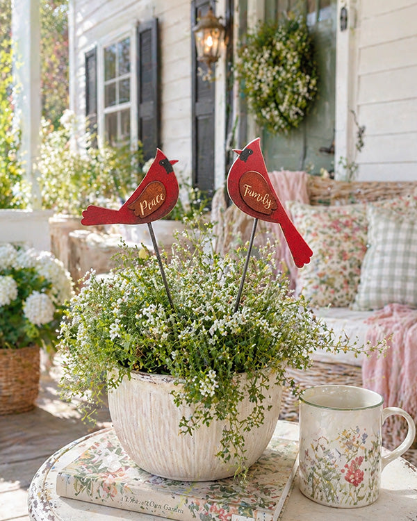 Engraved Cardinal Wooden Plant Stakes, Set of 2