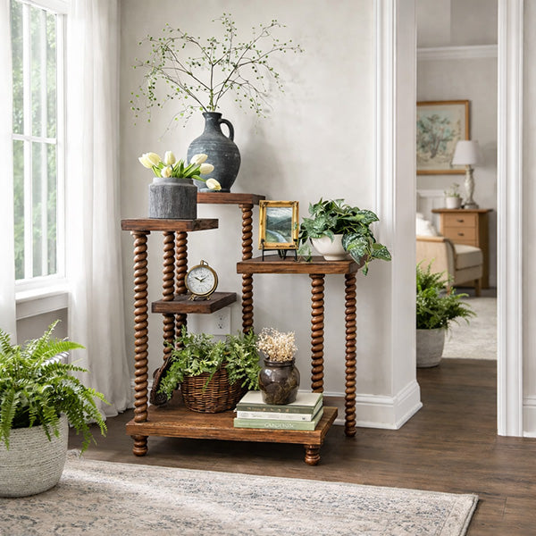 indoor plant stand decor 5-Tier Reclaimed Wood Spindle Plant Stand - Indoor Outdoor Display She