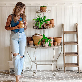 Woman holding a pot next to a plant stand with potted plants in a home setting