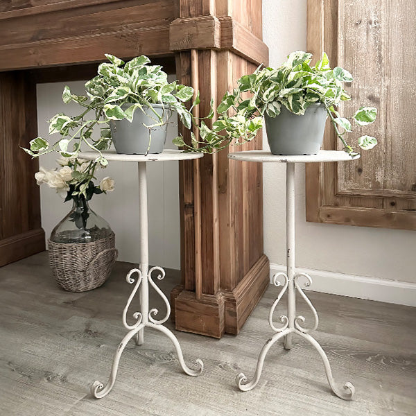 indoor pedestal plant stand Aged Cream Scroll Plant Stand, Set of Two