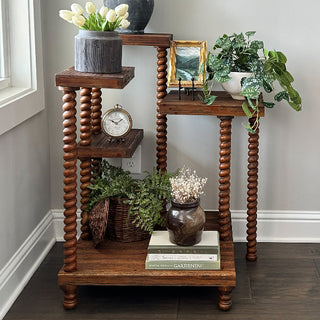Vintage style wood shelf with plants and decor